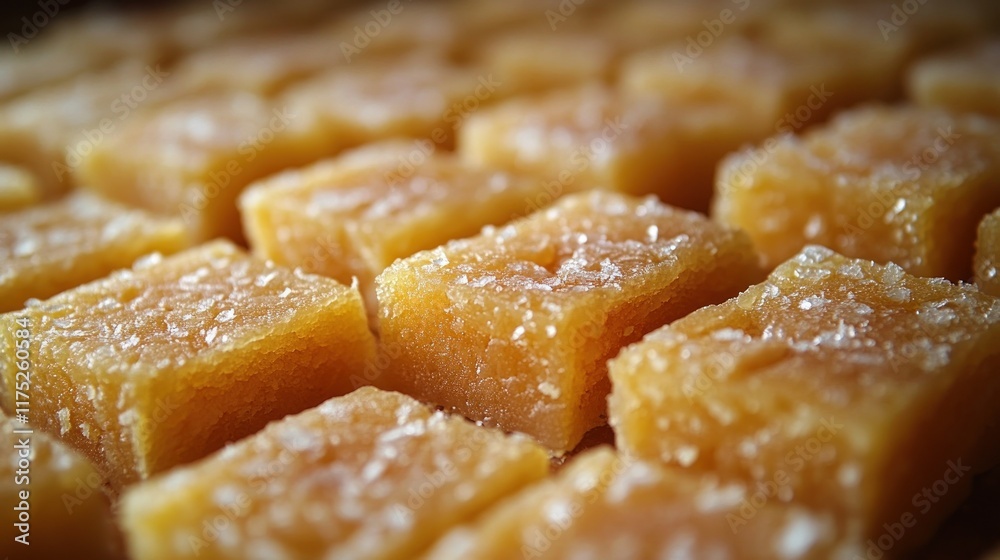 A close-up of square pieces of a sweet confection, possibly fudge or a similar dessert. A close-up of square pieces of a sweet confection, possibly fudge or a similar dessert.