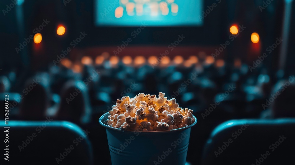 A bucket of popcorn in the foreground with a blurred crowd watching a movie in a theater in the background A bucket of popcorn in the foreground with a blurred crowd watching a movie in a theater in the background