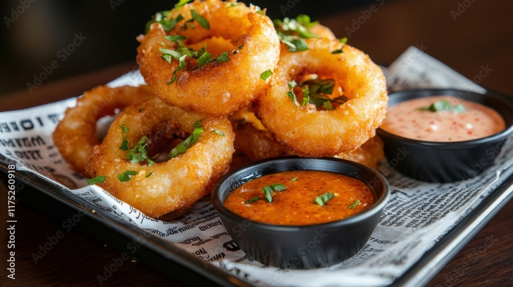Crispy onion rings served with dipping sauces on a restaurant table
