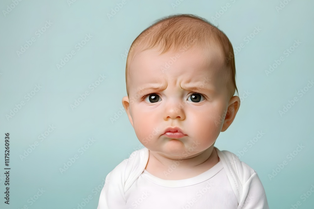 Earnest Baby with Pensive Gaze and Furrowed Brow Intense and Budding Intellect Natural Studio Portrait in Gentle Pastel Tones