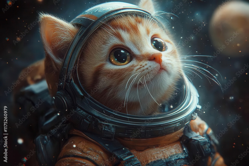 adorable space cat in a shiny astronaut suit floating among twinkling stars and planets combining cuteness with cosmic adventure evoking a sense of wonder and playfulness