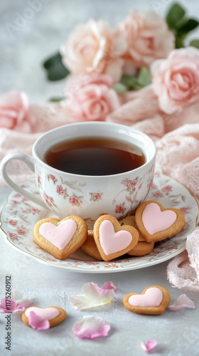Wallpaper Mural Romantic tea setup with heart shaped cookies, pink roses, and delicate petals. Torontodigital.ca