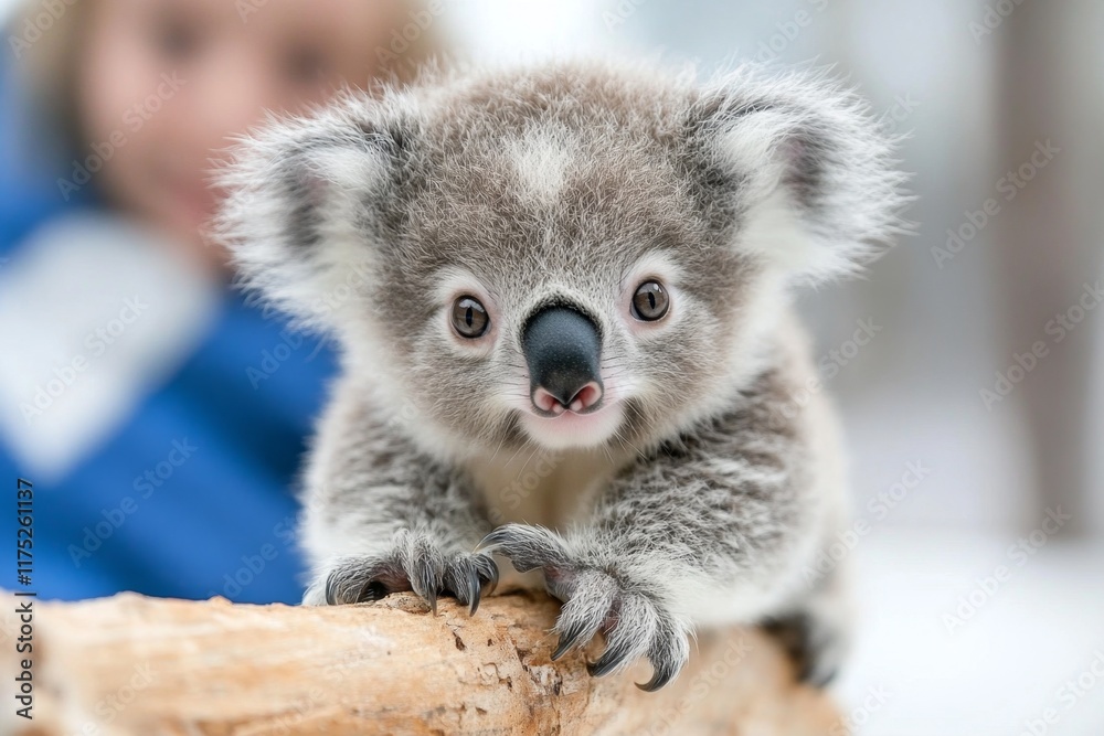 Obraz premium A baby koala taking its first steps on a branch, with its mother watching nearby