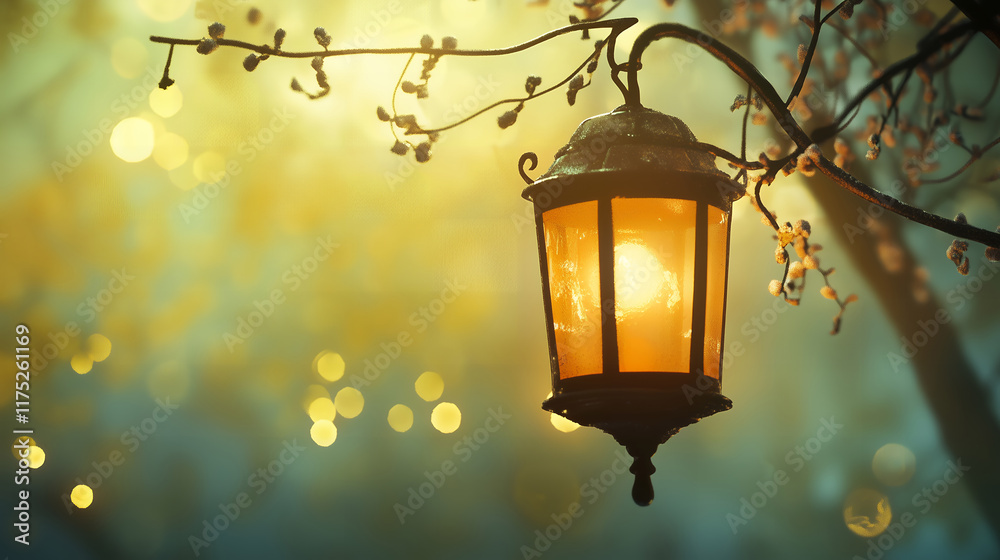 Ornate lantern glowing in twilight, Amber lantern on a branch Ornate lantern glowing in twilight, Amber lantern on a branch
