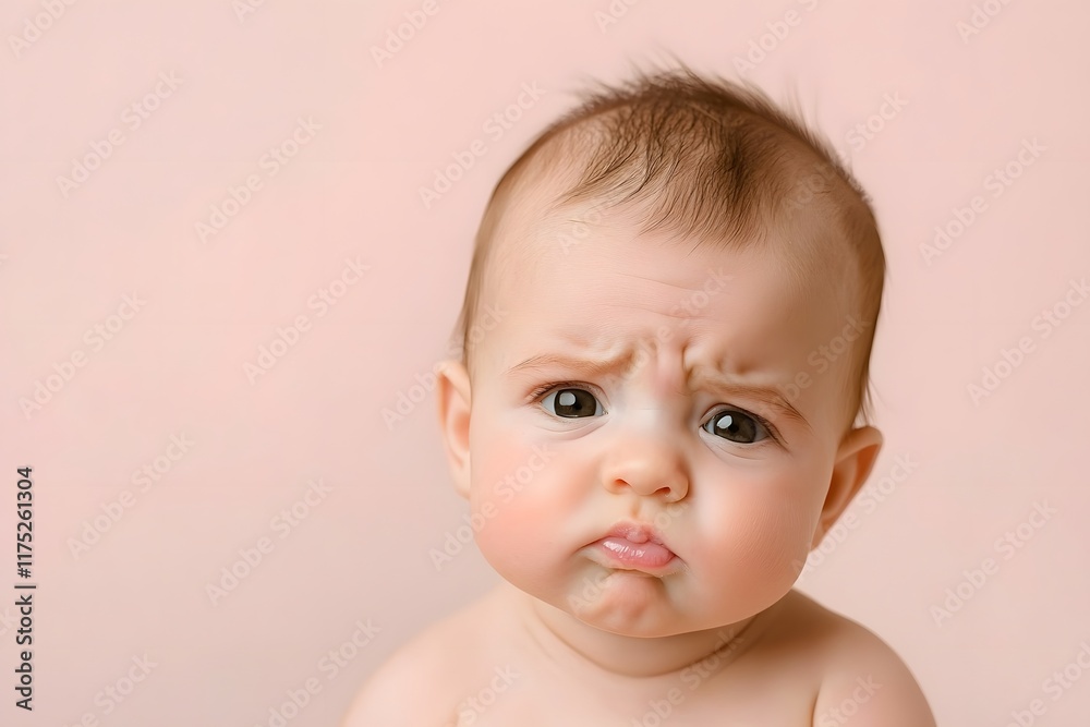 Adorable Chubby Cheeked Infant with Tender Expression on Serene Pastel Backdrop Adorable Chubby Cheeked Infant with Tender Expression on Serene Pastel Backdrop