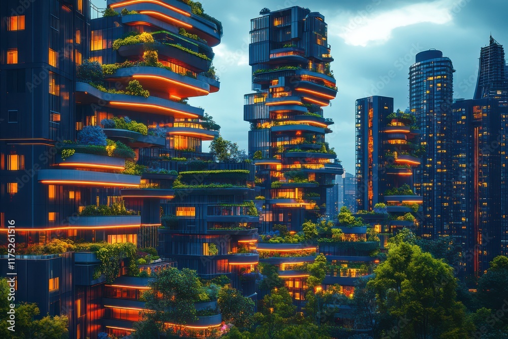 Obraz premium A vibrant skyline showcasing bold, modular skyscrapers with glowing terraces and cascading greenery