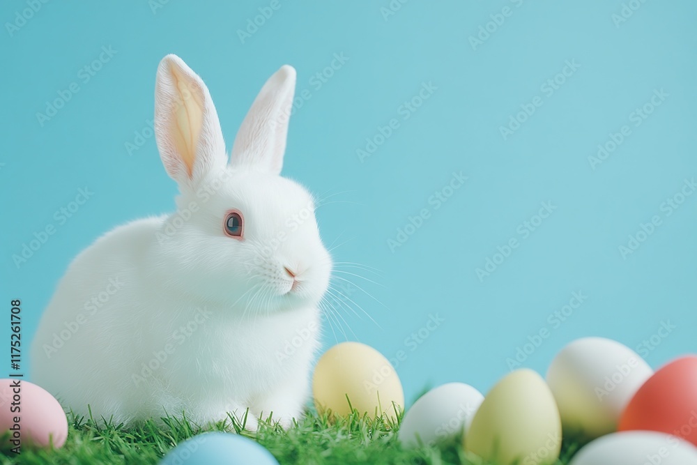 Fototapeta premium Adorable White Easter Bunny with Colorful Eggs