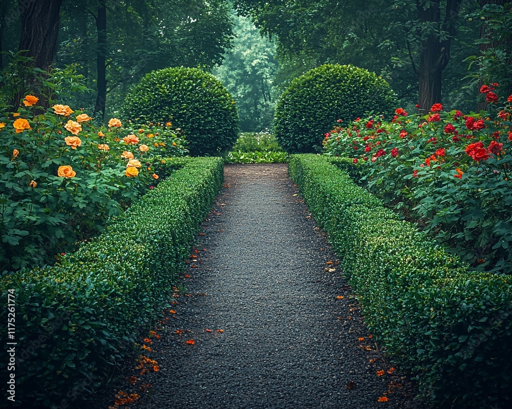 Obraz premium Serene garden path lined with lush hedges and blooming roses.