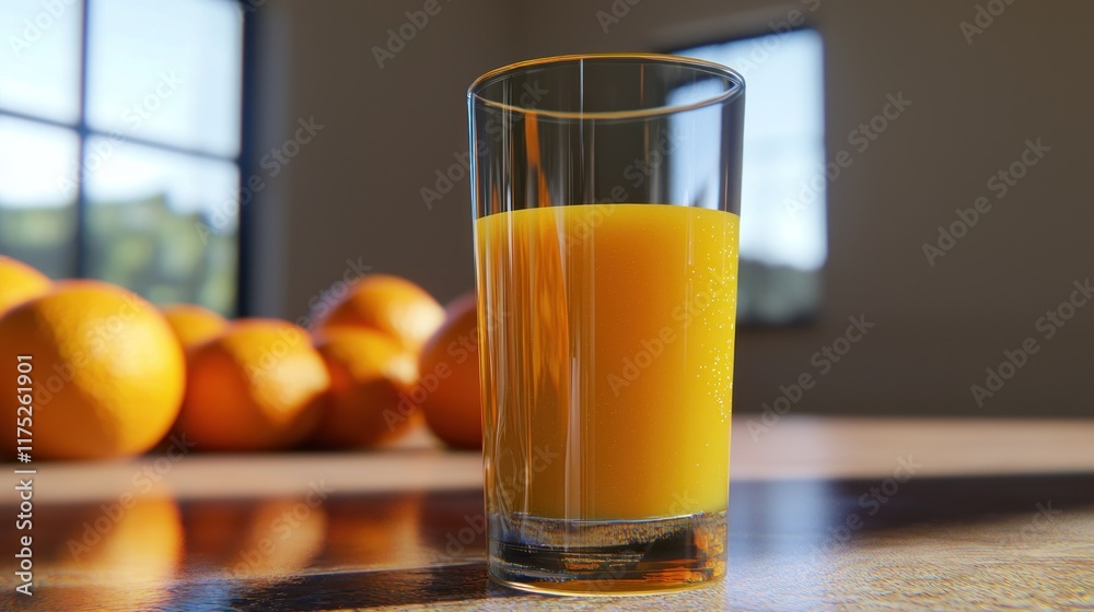 A glass of orange juice with fresh oranges in the background. A glass of orange juice with fresh oranges in the background.
