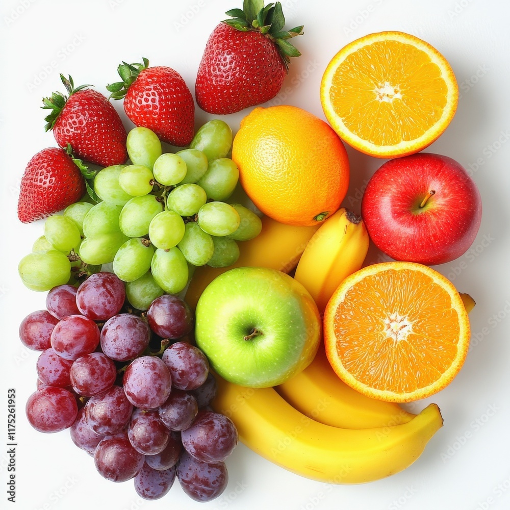 Vibrant assortment of fresh fruits arranged on a white background Vibrant assortment of fresh fruits arranged on a white background