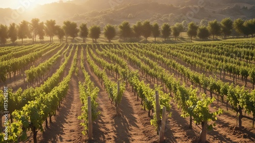 Softly filtered sunlight on the vineyard rows of El Ripolles, rural, soft filter, el ripolles photo