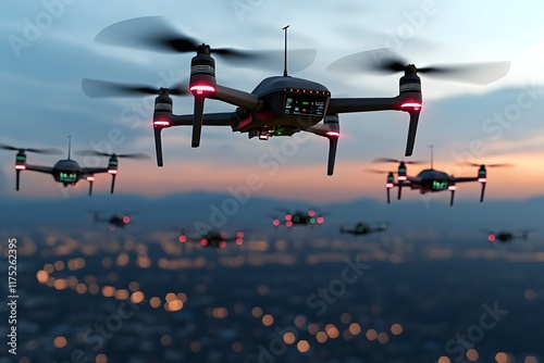 Autonomous Nuclear Powered Drone Swarm at Sunset   Futuristic Warfare Technology Concept