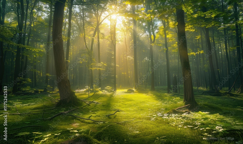 Fototapeta premium 森林晨曦阳光树木自然风光树林背景