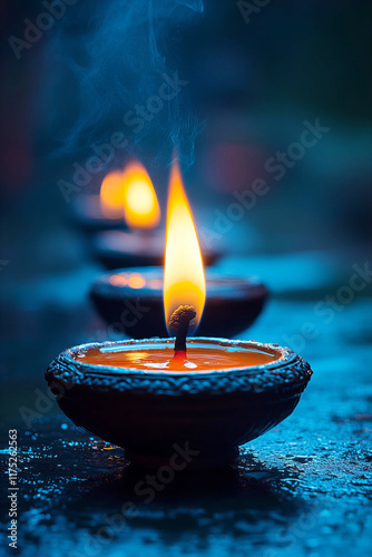 Lighting of oil lamps on blurred background during Diwali, glowing diyas, festive lights, cultural celebration photo