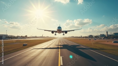 Commercial Airplane Landing on a Runway at Sunrise