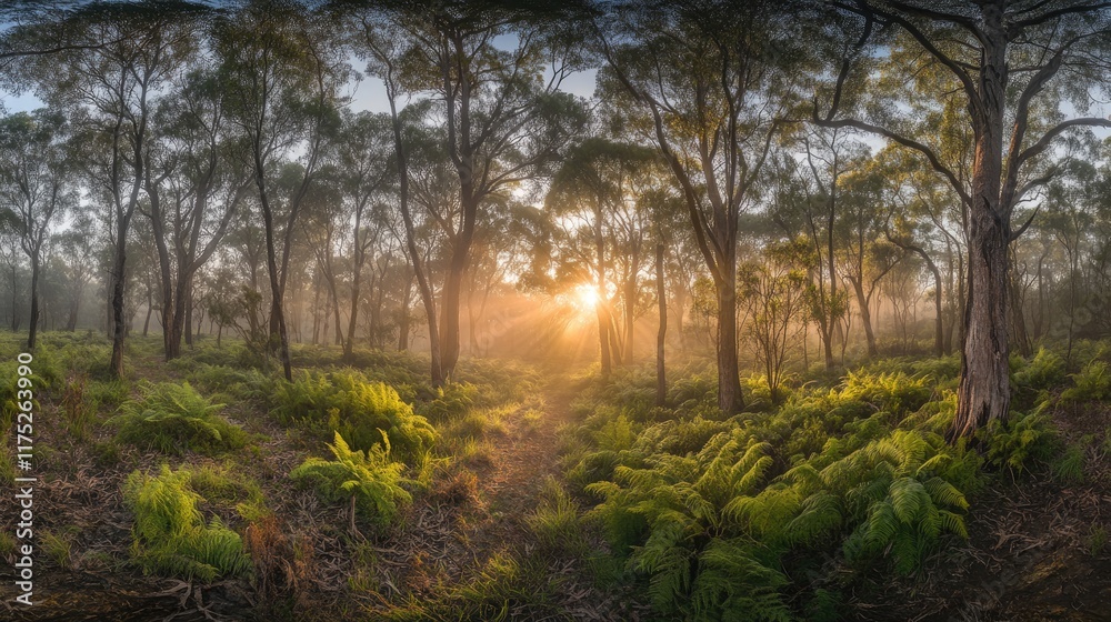 Sunbeams Illuminate Misty Forest Path Ferns and Trees Sunbeams Illuminate Misty Forest Path Ferns and Trees