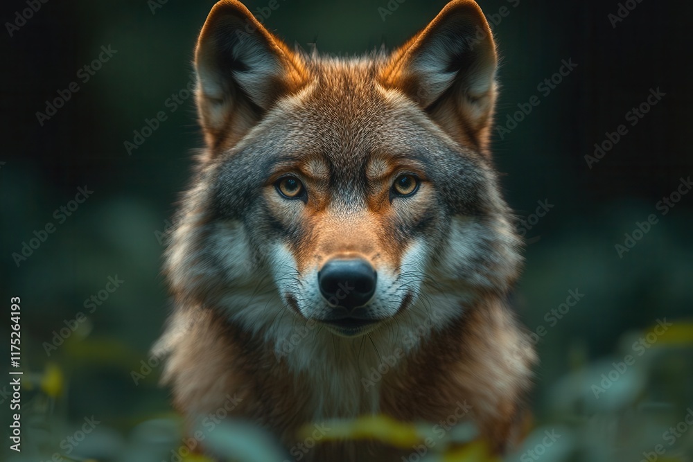 Fototapeta premium alert eurasian wolf gazing directly at the camera in a lush summer forest vibrant greens framing its powerful form capturing the wild essence of nature