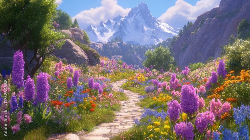 Fototapeta premium Mountain Meadow Path Blooming With Vibrant Flowers