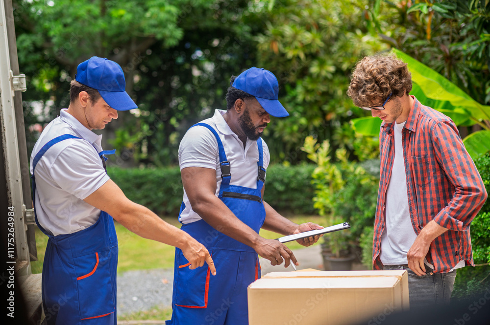 Happy service team of delivery worker working load customer boxes from truck and makes inventory of packed boxes and writes data to clipboard with smile confident and professional service