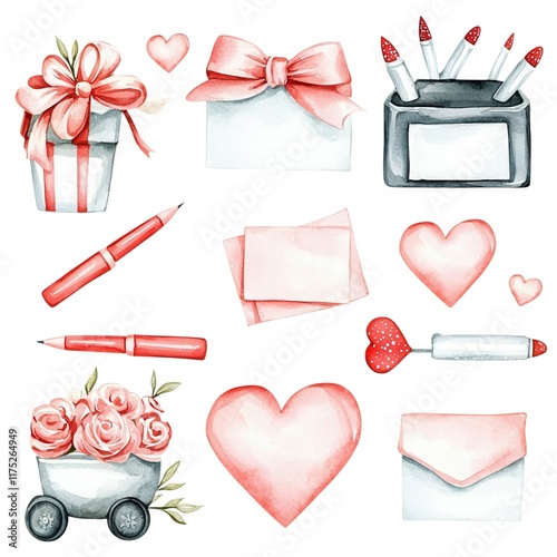 Watercolor collection concept of Valentine's Day stationery and school supplies. Colorful Valentine's Day-themed illustrations with hearts and gifts