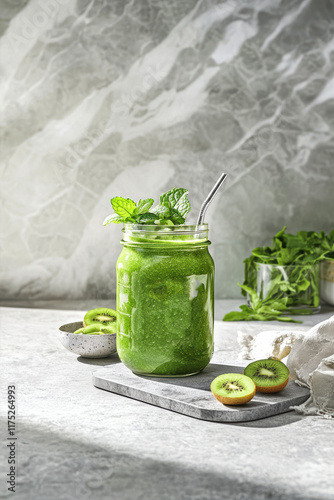 Refreshing Green Smoothie Served in a Mason Jar With Garnishes on a Light Grey Table Against a Clean Wall Backdrop