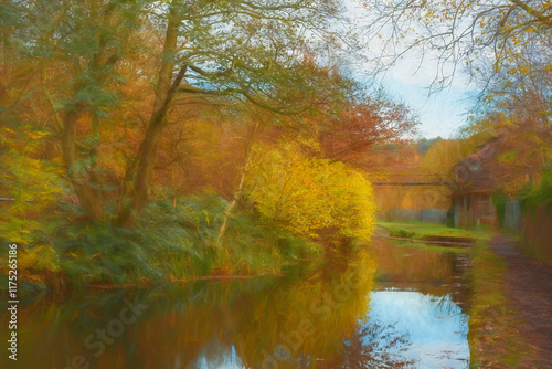 Rural digital illustration of industrial ruins along the Caldon canal waterway near, Froghall during autumn. photo