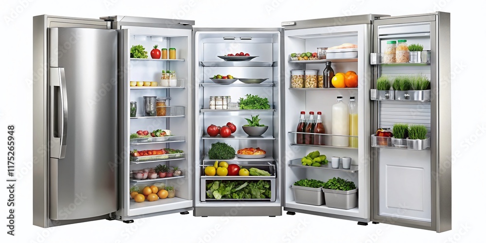 Stainless Steel Side-by-Side Refrigerator, Open Doors, White Background - Stock Photo Stainless Steel Side-by-Side Refrigerator, Open Doors, White Background - Stock Photo