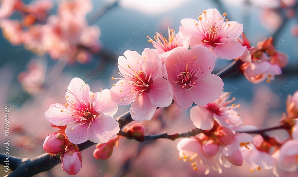 Obraz premium 春日桃花盛开浪漫花朵清新花海背景