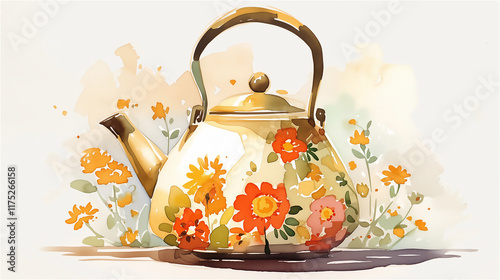 Fototapeta Naklejka Na Ścianę i Meble -  A beautiful hand-painted watercolor vintage tea kettle with flowers on it, watercolor clipart, a warm and sunny background.