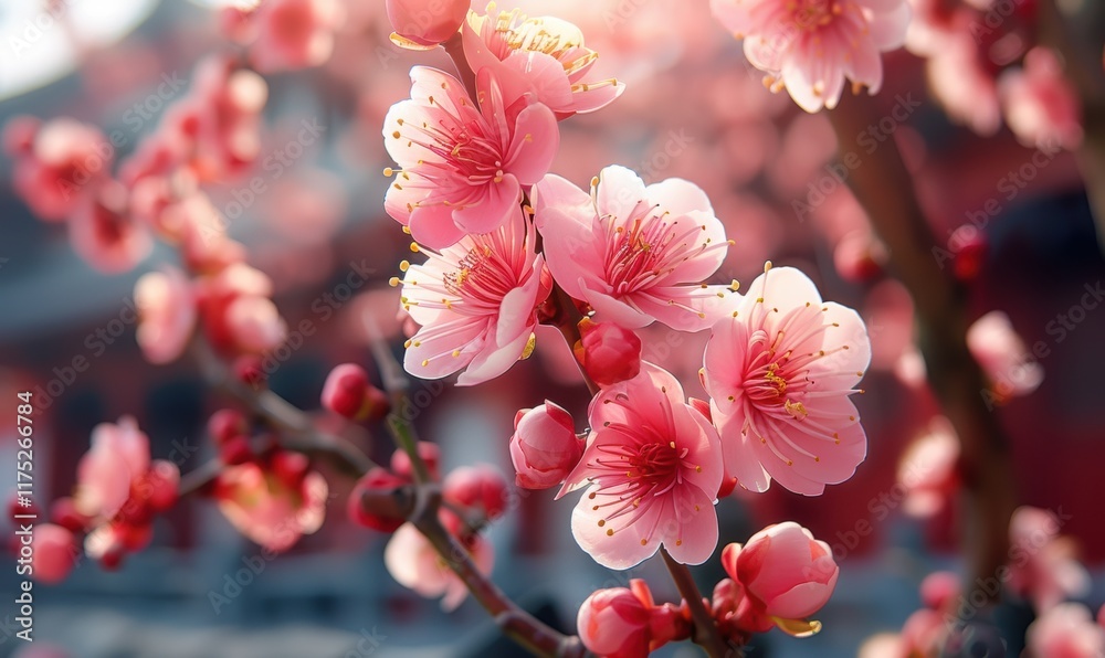 宫廷梅花盛开初春花朵清新淡雅背景