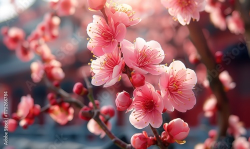 宫廷梅花盛开初春花朵清新淡雅背景