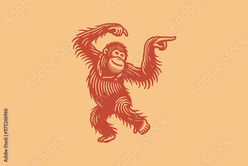 Funny dancing orangutan. Vintage vector egravure illustration in orange color. Logo, icon, isolated object