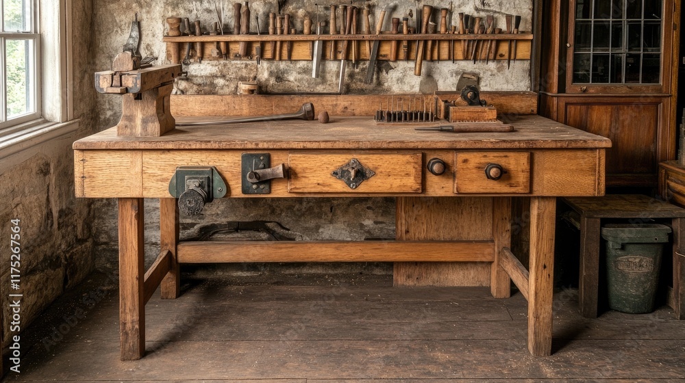 Fototapeta premium Antique Woodworking Bench With Tools And Drawers