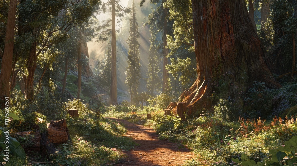 Obraz premium Sunlit Forest Path Winding Through Ancient Trees
