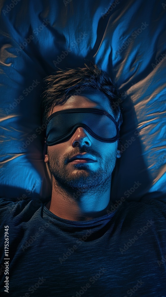 Man wearing sleep mask relaxing in a dark bedroom at night Man wearing sleep mask relaxing in a dark bedroom at night