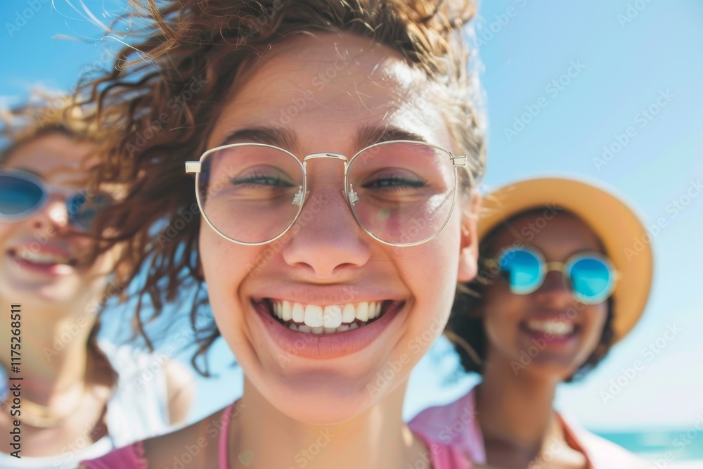 Joyful Young Women Enjoying a Day at the Beach with Bright Sunshine and Blue Skies, Wearing Stylish Sunglasses and Smiling in a Carefree Atmosphere Joyful Young Women Enjoying a Day at the Beach with Bright Sunshine and Blue Skies, Wearing Stylish Sunglasses and Smiling in a Carefree Atmosphere