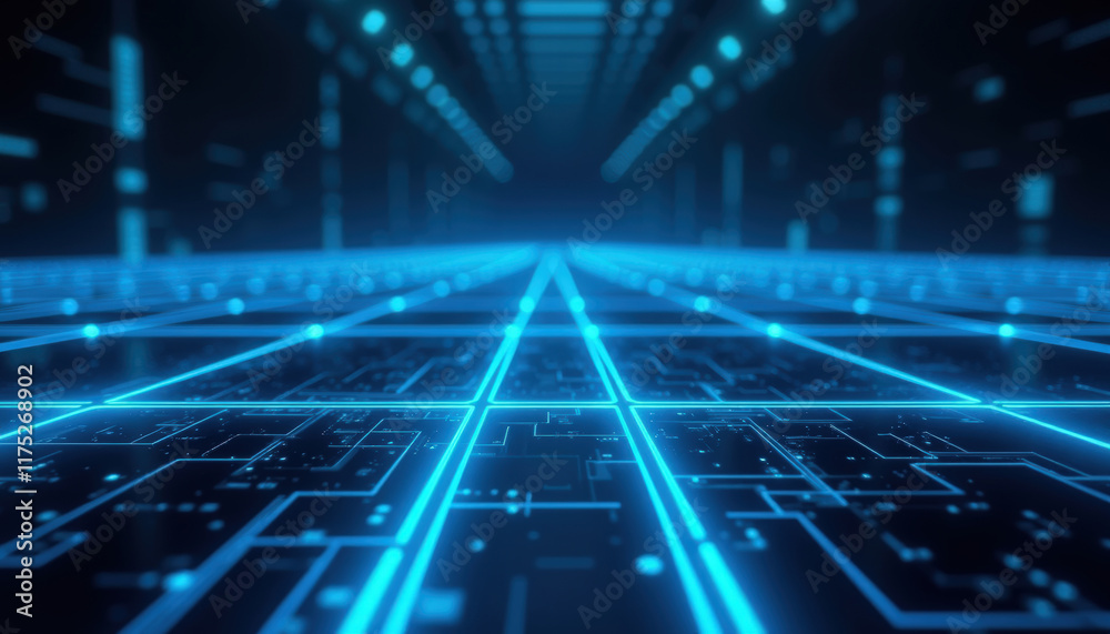 Obraz premium Futuristic glowing blue digital grid perspective