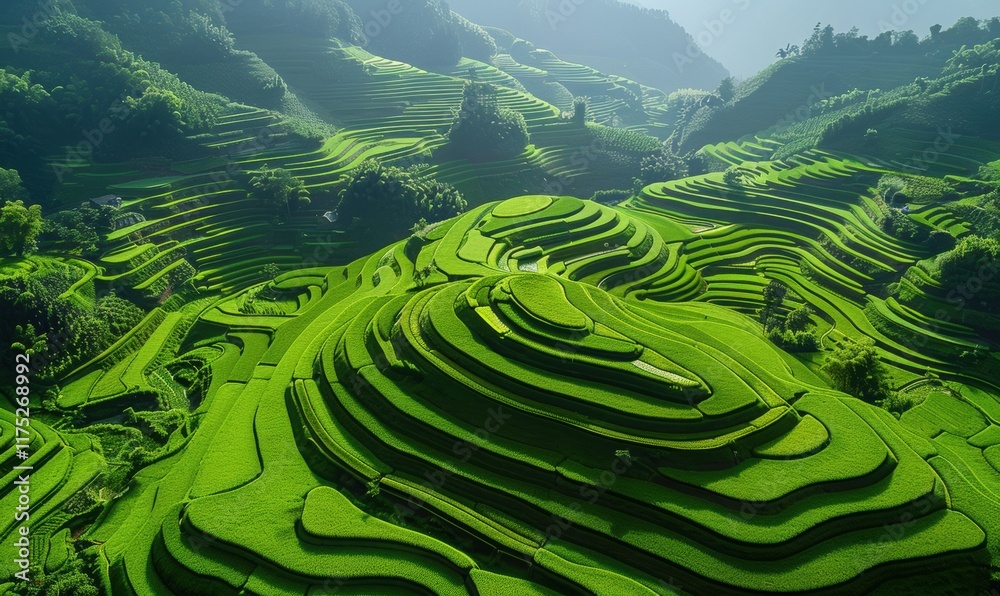 绿色山间稻田梯田农业自然生态背景