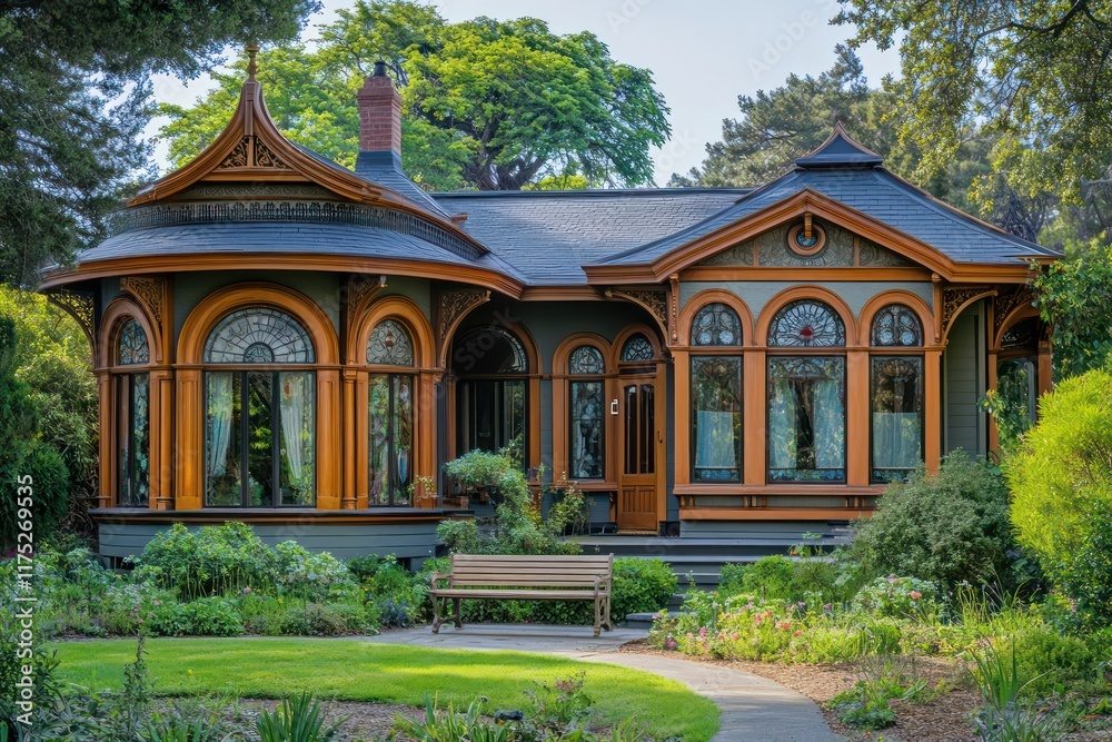 Fototapeta premium A Victorian-style house with rounded bay windows, decorative wood details, and a serene garden bench