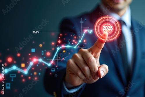 a man in a suit touching a button with a graph on it