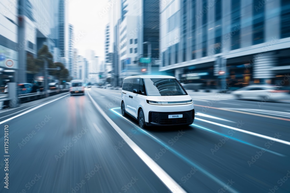 Futuristic Autonomous Vehicle in Urban Setting with Motion Blur Amidst Cityscape Streets Futuristic Autonomous Vehicle in Urban Setting with Motion Blur Amidst Cityscape Streets