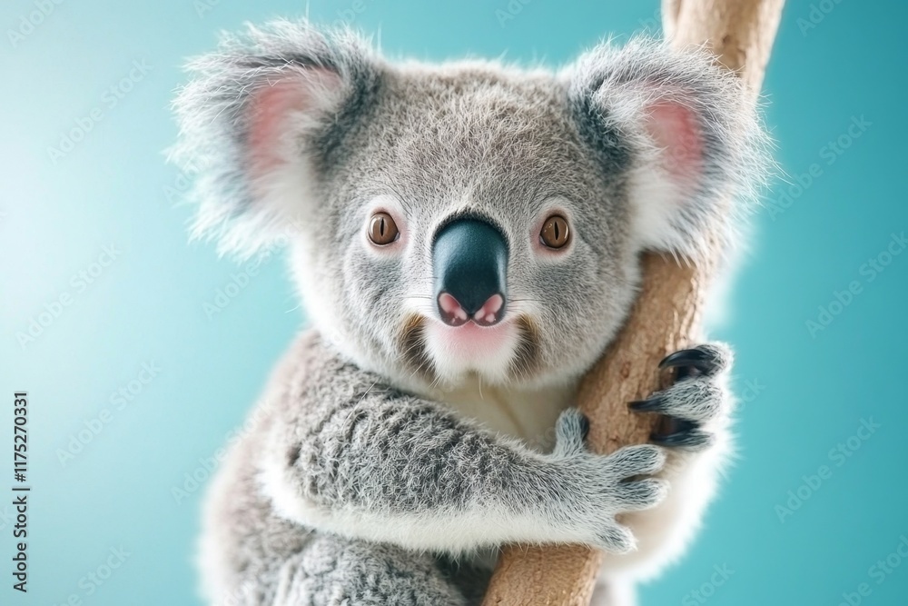 A koala perched high on a eucalyptus tree, with the vibrant blue Australian sky as the backdrop A koala perched high on a eucalyptus tree, with the vibrant blue Australian sky as the backdrop