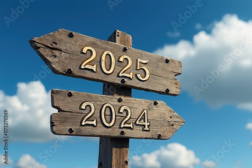 two wooden signs pointing to the year 2023 and 2025 photo