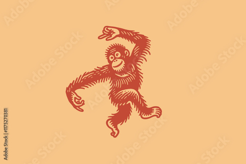 Funny dancing orangutan. Vintage vector egravure illustration in orange color. Logo, icon, isolated object