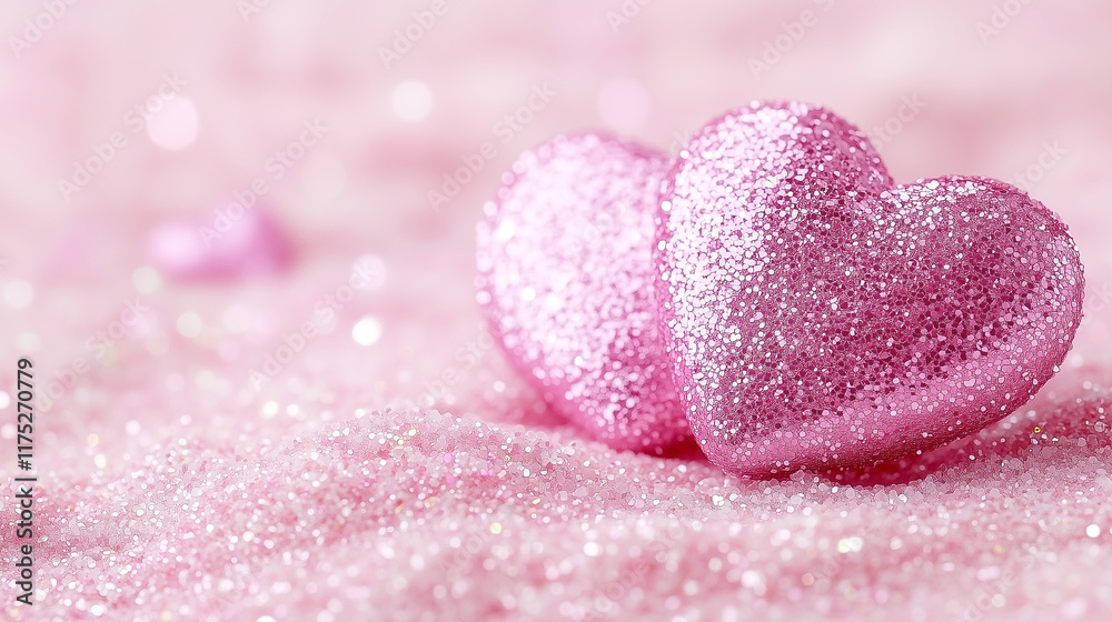 Fototapeta premium Two Glittering Pink Hearts Symbolizing Love and Romance on a Sparkling Background. Emotions of love and romance.