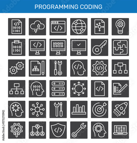 Programming coding set of web icons inline style. Software development icons for web and mobile apps. Code, API, programmer, developer, information technology, coder and more vector