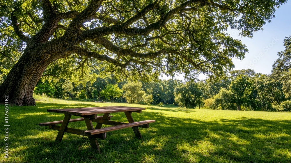 Idyllic Park Scene with Wooden Picnic Table Under Tree Idyllic Park Scene with Wooden Picnic Table Under Tree