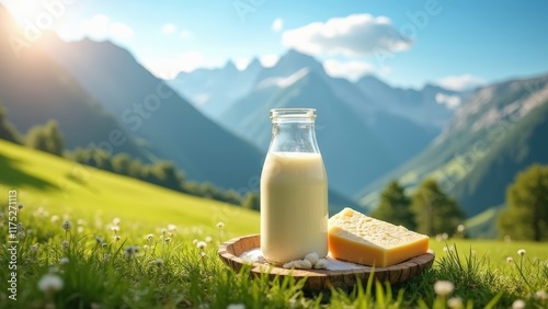 Fresh Dairy Milk and Cheese with Scenic Mountain Background