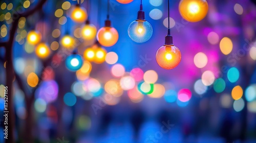 Glowing light bulbs at night market with blurred background.