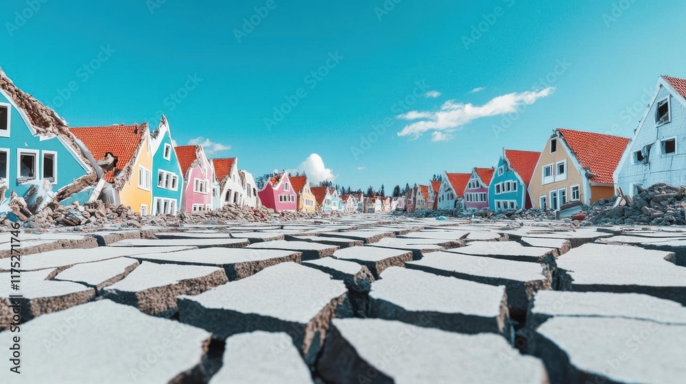 Naklejka premium Cracked urban landscape with collapsing buildings and ground vibrations